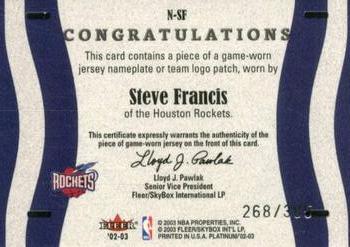 2002-03 Fleer Platinum - Nameplates #N-SF Steve Francis Back