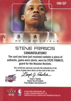 2002-03 Hoops Hot Prospects - Hot Materials #HM-SF Steve Francis Back