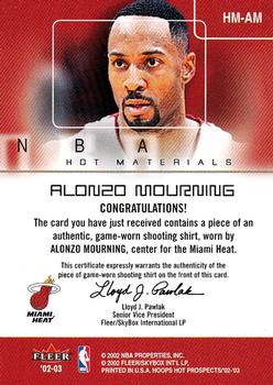 2002-03 Hoops Hot Prospects - Hot Materials #HM-AM Alonzo Mourning Back