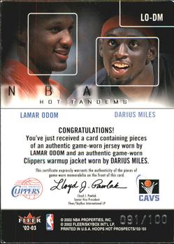 2002-03 Hoops Hot Prospects - Hot Tandems #LO-DM Lamar Odom / Darius Miles Back