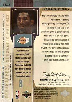 2002-03 SP Game Used - Autographed Authentic Patches #KB-AP Kobe Bryant Back