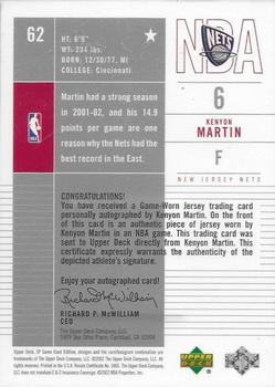 2002-03 SP Game Used - Autographed Jerseys #62 Kenyon Martin Back