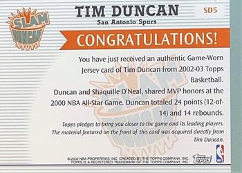 2002-03 Topps - Slam Duncan Relics #SD5 Tim Duncan Back