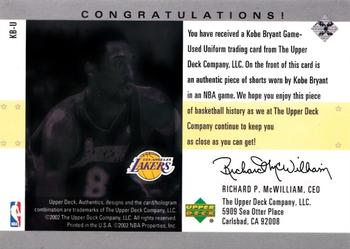 2002-03 UD Authentics - Uniform Greatness #KB-U Kobe Bryant Back