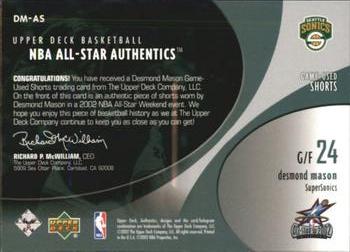 2002-03 Upper Deck - NBA All-Star Authentics: Shorts #DM-AS Desmond Mason Back