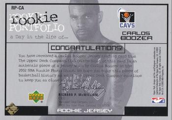 2002-03 Upper Deck - Rookie Portfolio Jerseys #RP-CA Carlos Boozer Back