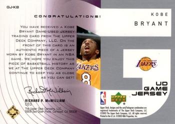 2002-03 Upper Deck - UD Game Jerseys Series Two #GJ-KB Kobe Bryant Back
