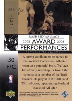 2002-03 Upper Deck Honor Roll - Award Performances #AP6 Rasheed Wallace Back