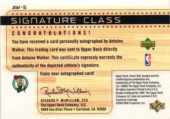 2002-03 Upper Deck Honor Roll - Signature Class #AW-S Antoine Walker Back