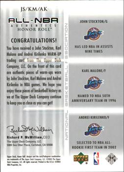 2002-03 Upper Deck Honor Roll - All-NBA Authentics Triple Warm-ups #JS/KM/AK John Stockton / Karl Malone / Andrei Kirilenko Back