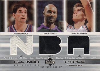 2002-03 Upper Deck Honor Roll - All-NBA Authentics Triple Warm-ups #JS/KM/AK John Stockton / Karl Malone / Andrei Kirilenko Front