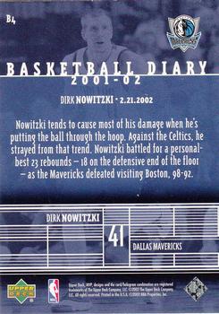 2002-03 Upper Deck MVP - Basketball Diary #B4 Dirk Nowitzki Back