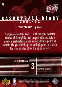 2002-03 Upper Deck MVP - Basketball Diary #B9 Steve Francis Back