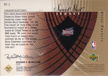 2002-03 Upper Deck Sweet Shot - Jerseys Gold #SF-J Steve Francis Back