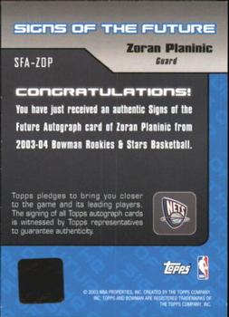 2003-04 Bowman - Signs of the Future #SFA-ZOP Zoran Planinic Back