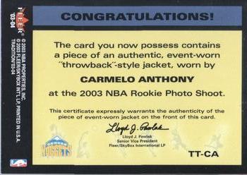 2003-04 Fleer Tradition - Throwback Threads #1 TT Carmelo Anthony Back