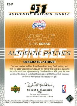 2003-04 SP Game Used - Authentic Patches #EB-P Elton Brand Back