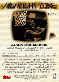 2003-04 Topps - Highlight Zone #HZ-17 Jason Richardson Back