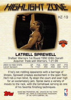 2003-04 Topps - Highlight Zone #HZ-19 Latrell Sprewell Back