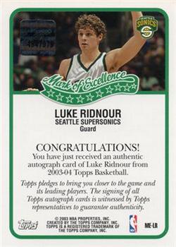 2003-04 Topps - Mark of Excellence Autographs #ME-LR Luke Ridnour Back