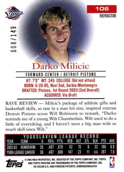2003-04 Topps Pristine - Refractors #106 Darko Milicic Back