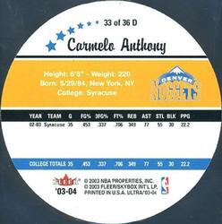2003-04 Ultra - Roundball Discs #33 D Carmelo Anthony Back