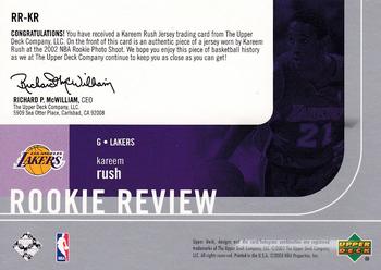 2003-04 Upper Deck - Rookie Review Jerseys #RR-KR Kareem Rush Back