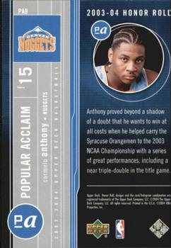 2003-04 Upper Deck Honor Roll - Popular Acclaim #PA8 Carmelo Anthony Back