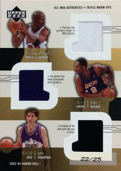 2003-04 Upper Deck Honor Roll - All-NBA Authentics Triple Warm Ups Gold #MJ/KB/JS Michael Jordan / Kobe Bryant / John Stockton Front