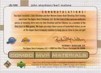 2003-04 Upper Deck MVP - Combo Materials #JS/KM John Stockton / Karl Malone Back