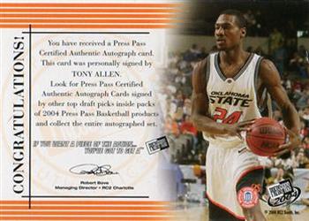 2004 Press Pass - Autographs #NNO Tony Allen Back
