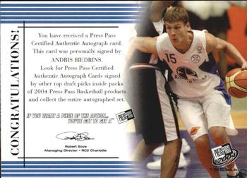 2004 Press Pass - Autographs Gold #3 Andris Biedrins Back