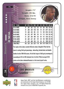 1999-00 Upper Deck MVP #75 Shaquille O'Neal Back