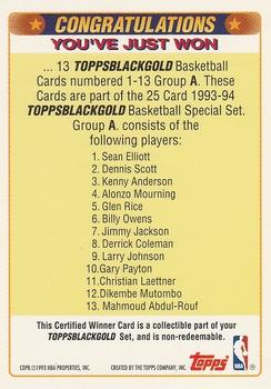 1993-94 Topps - Black Gold Winners Redeemed/Exchange #A Certified Winner A: 1-13 Back