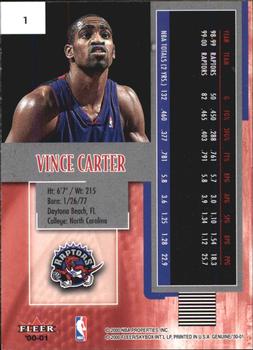 2000-01 Fleer Genuine #1 Vince Carter Back