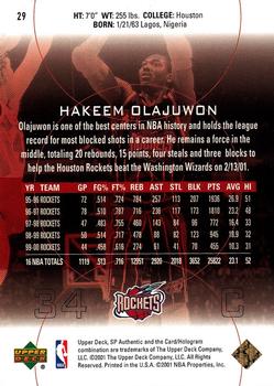 2000-01 SP Authentic #29 Hakeem Olajuwon Back