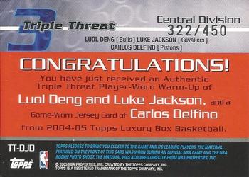 2004-05 Topps Luxury Box - Triple Threat Relics #TT-DJD Luol Deng / Luke Jackson / Carlos Delfino Back