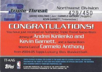 2004-05 Topps Luxury Box - Triple Threat Relics #TT-KAG Andrei Kirilenko / Carmelo Anthony / Kevin Garnett Back