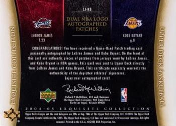 2004-05 Upper Deck Exquisite Collection - Dual NBA Logo Autographed Patches #LJ-KB LeBron James / Kobe Bryant Back