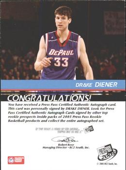 2005 Press Pass - Autographs Bronze School Logos #NNO Drake Diener Back