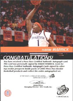 2005 Press Pass - Autographs Bronze School Logos #NNO Hakim Warrick Back