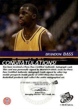 2005 Press Pass - Autographs Blue Player Silhouettes #NNO Brandon Bass Back
