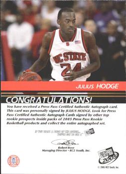 2005 Press Pass - Autographs Blue Player Silhouettes #NNO Julius Hodge Back