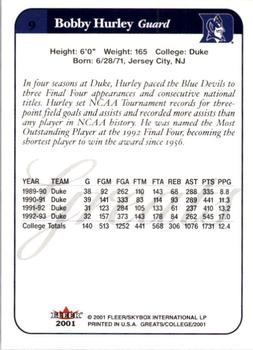2001 Fleer Greats of the Game #9 Bobby Hurley Back