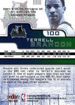 2001-02 Fleer Force #100 Terrell Brandon Back