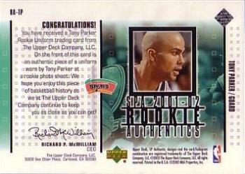 2001-02 SP Authentic - Rookie Authentics #RA-TP Tony Parker Back