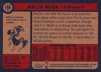 2001-02 Topps Heritage #169 Malik Rose Back