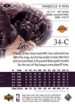 2001-02 Upper Deck Honor Roll #39 Shaquille O'Neal Back
