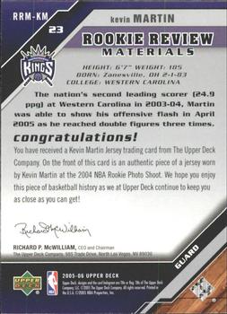 2005-06 Upper Deck - Rookie Review Materials #RRM-KM Kevin Martin Back