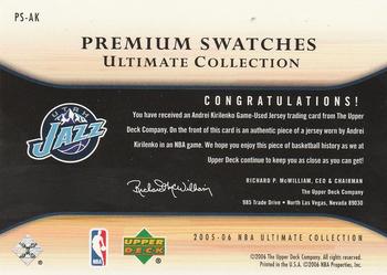 2005-06 Upper Deck Ultimate Collection - Premium Swatches #PS-AK Andrei Kirilenko Back
